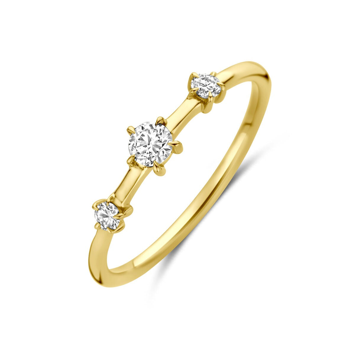 Ring aus 14k Gelbgold mit drei lab-grown Diamanten, der mittlere Diamant wiegt 0,20 ct