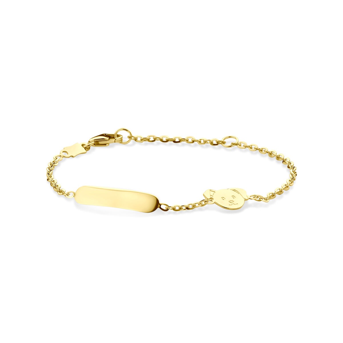 Goldenes Babyarmband – 14k Gravurarmband mit Hundemotiv und feiner Gliederkette