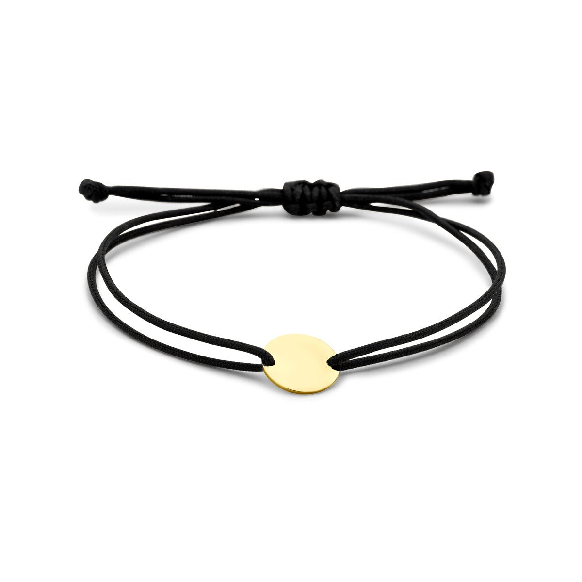 Gravurarmband aus 14k Gelbgold mit schwarzem Polyesterband und runder Plakette