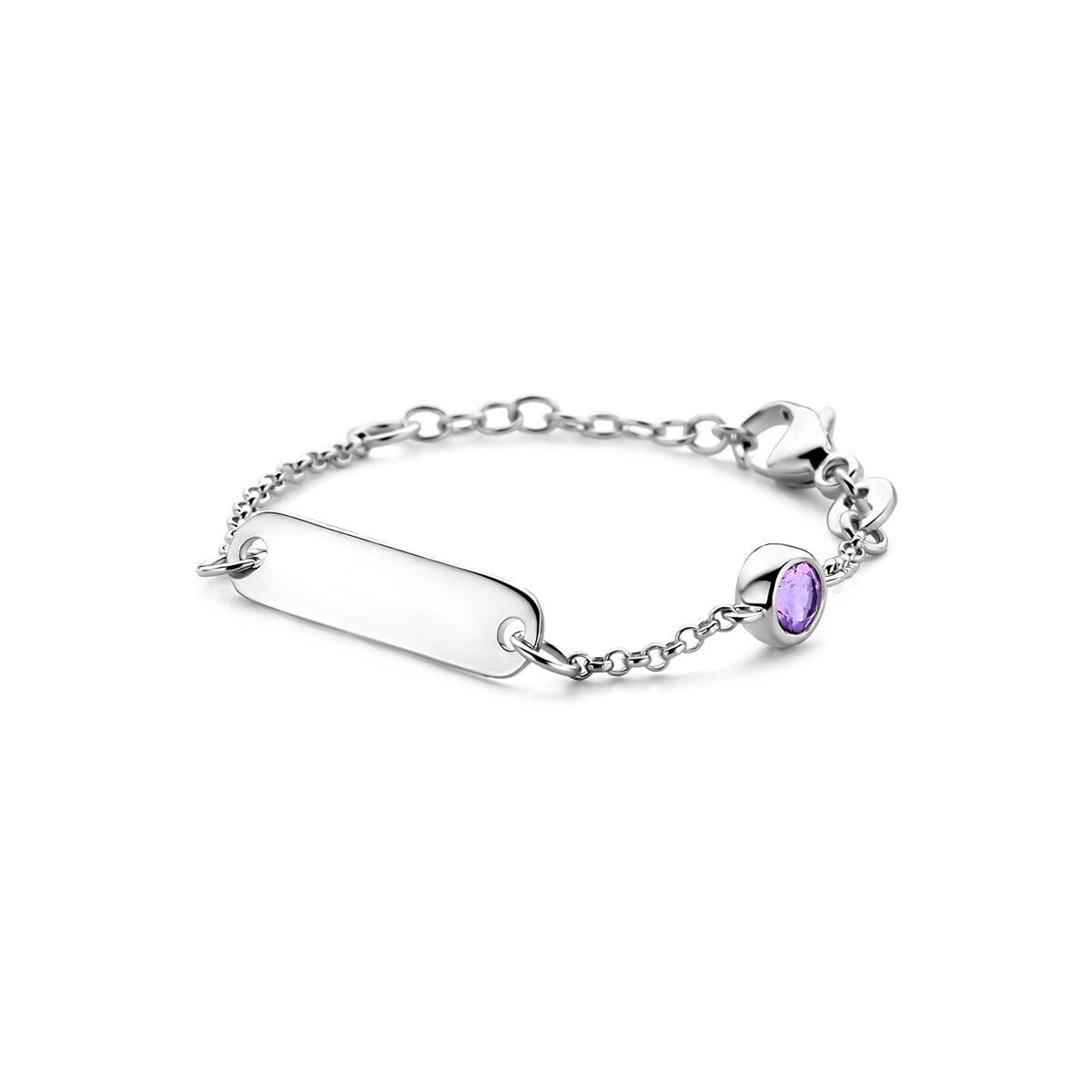Gravurarmband aus rhodiniertem 925 Silber mit lila Amethyst und verstellbarem Kettchen