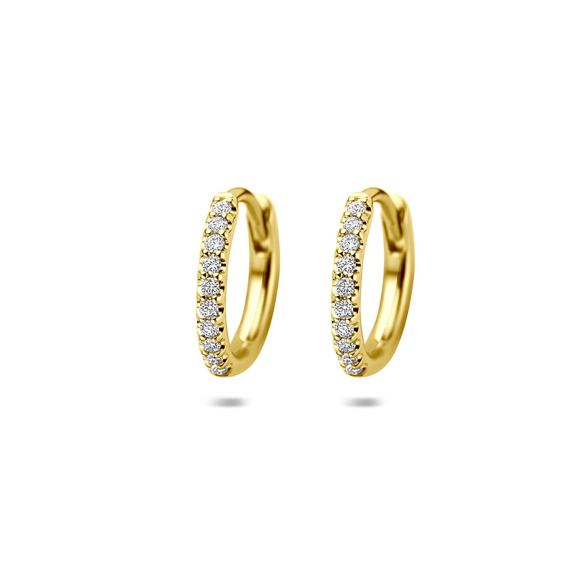 14k gelbgoldene Klappohrringe mit lab-grown Diamanten in einer Reihe angeordnet