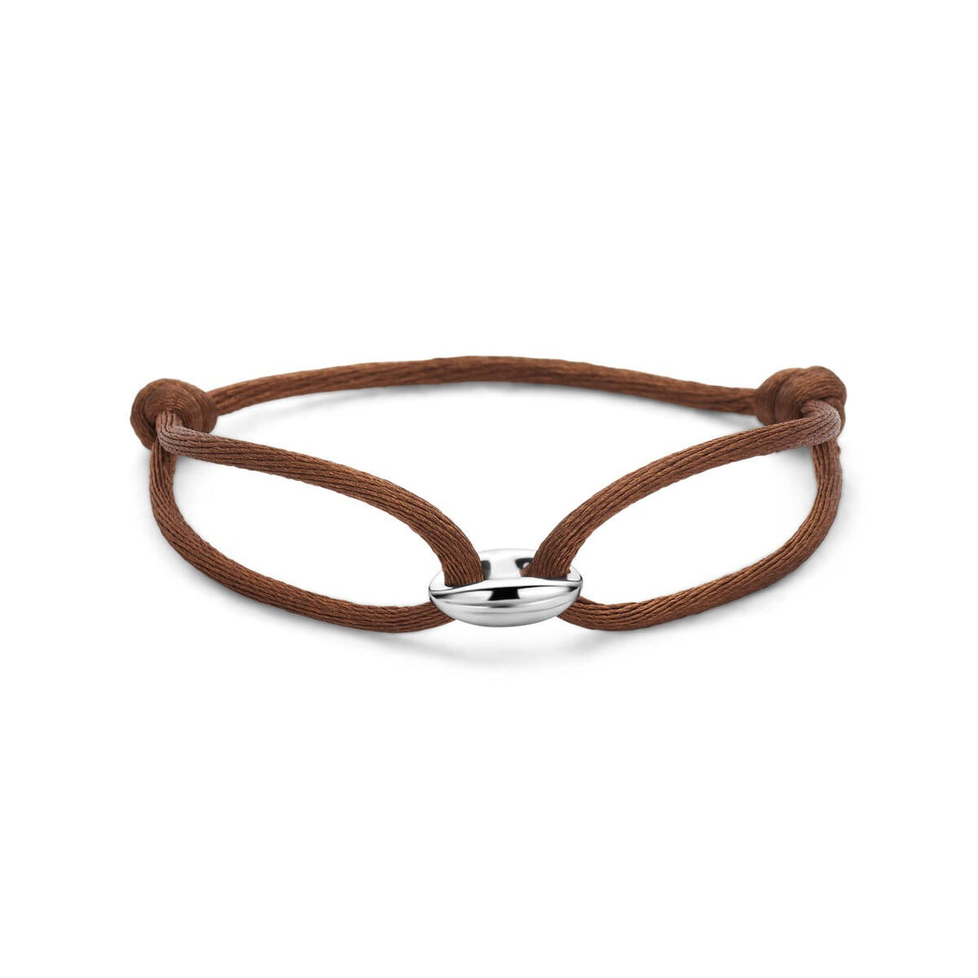 Bruine satijnen armband met zilveren koffieboon