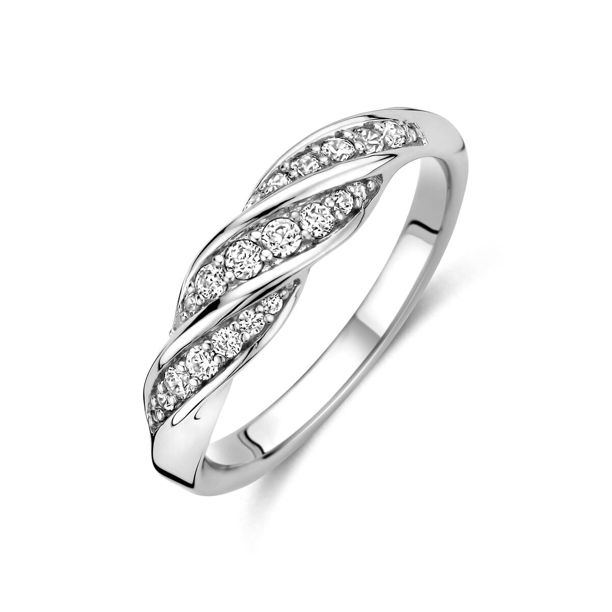 Gerhodinierter Silberring mit Zirkonia, 5 mm breit, gewundenes Design mit funkelnden Steinen