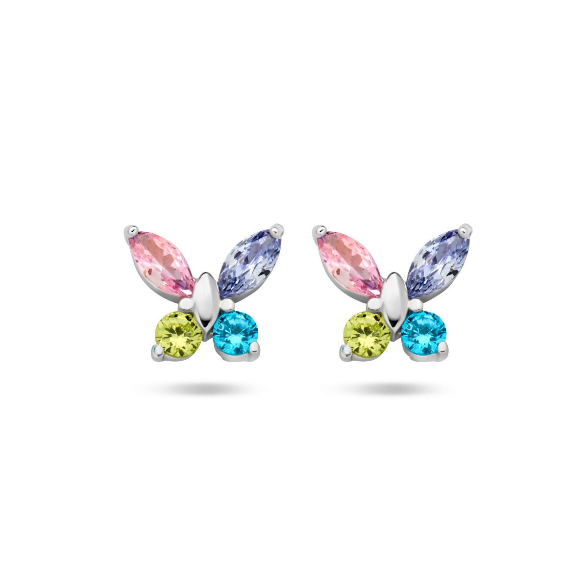 Silberne Ohrstecker in Schmetterlingsform mit bunten Zirkonia-Steinen in Pink, Blau und Grün