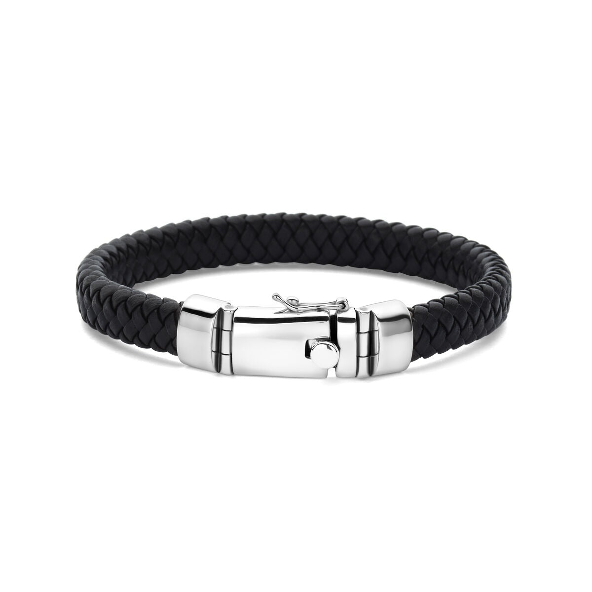Herrenarmband aus rhodiniertem Silber mit schwarzem Leder, 8,5 mm breit, geflochtenes Design.