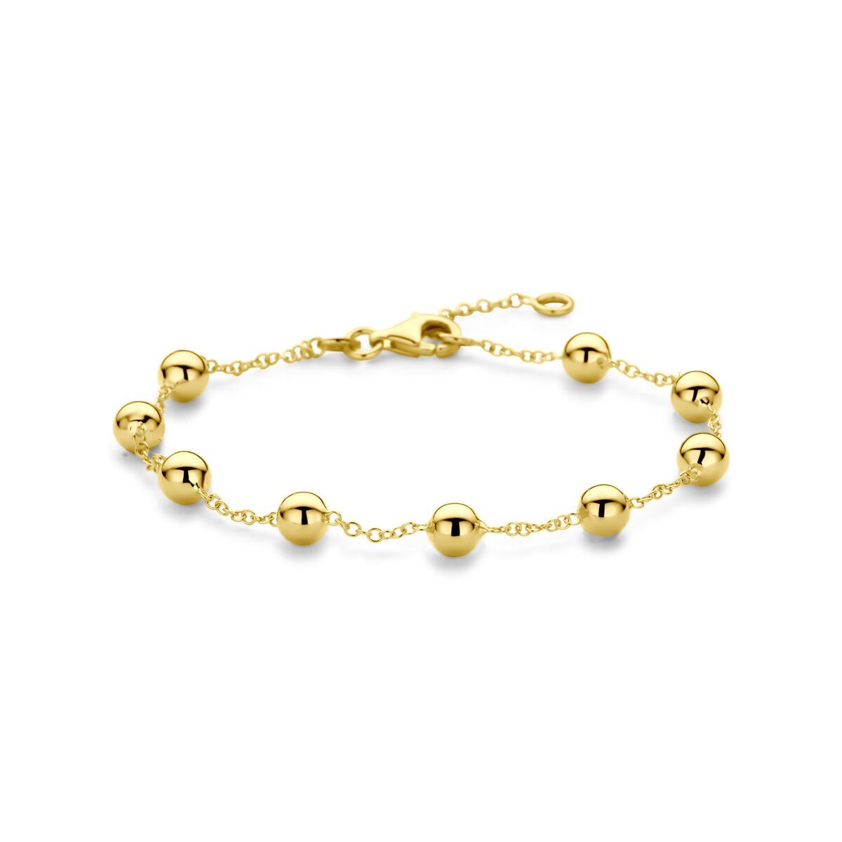 Armband aus 14k Gelbgold mit runden, glänzenden Kugeln und Karabinerverschluss