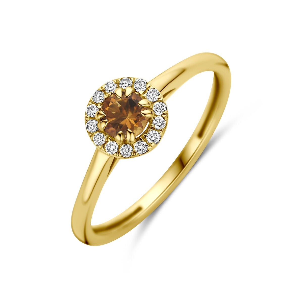 Ring aus 14k Gelbgold mit rundem Citrin und umlaufenden lab-grown Diamanten