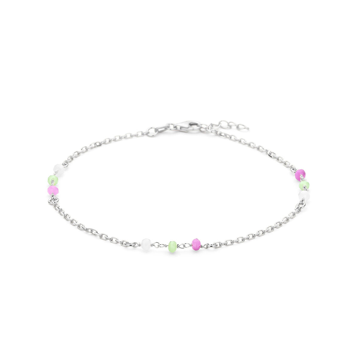 Silbernes Fußkettchen mit weißen, grünen und rosa Kristallen