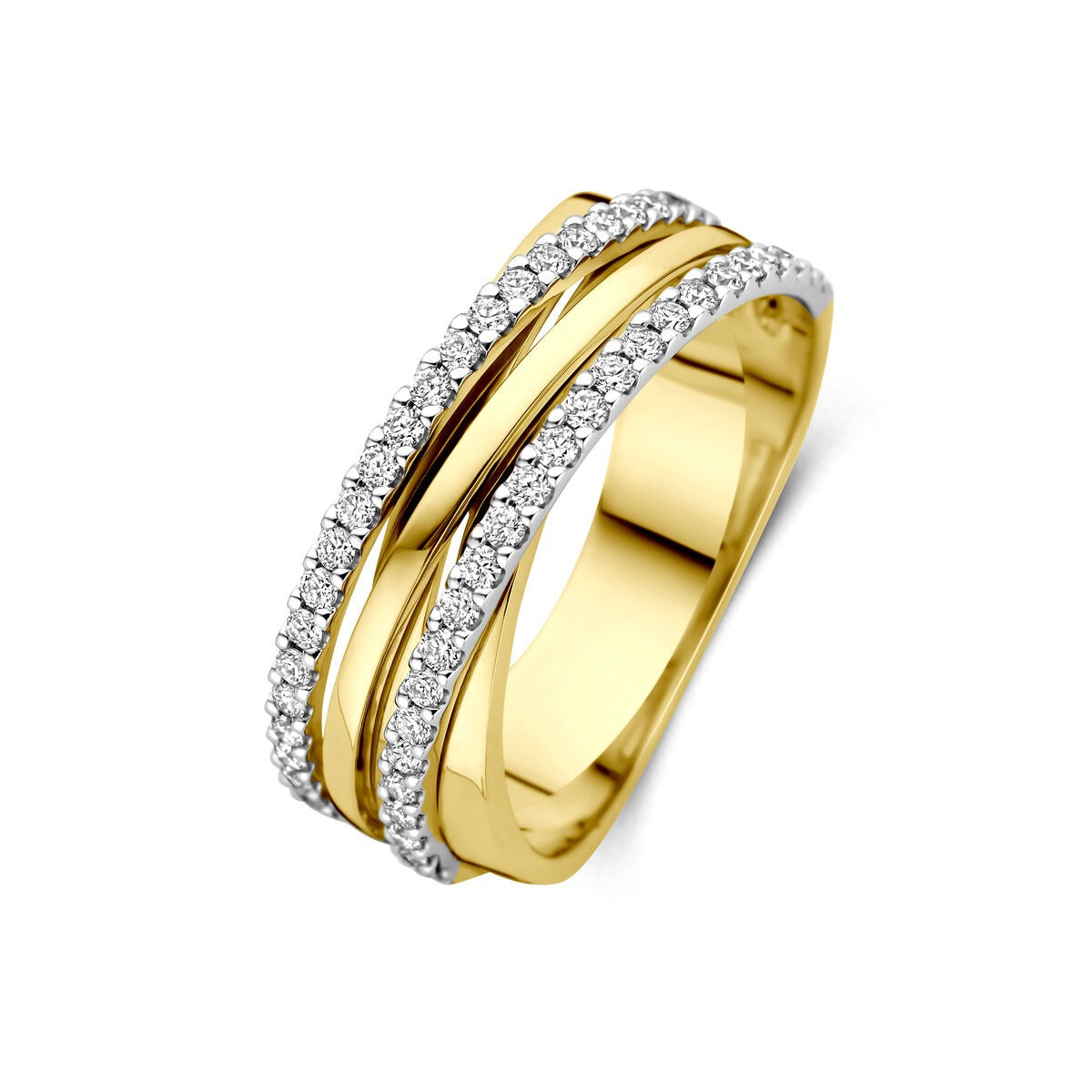 Bicolor 14k Goldring mit Diamanten in Reihe, mit glänzender Oberfläche und zwei parallelen Reihen von Steinen