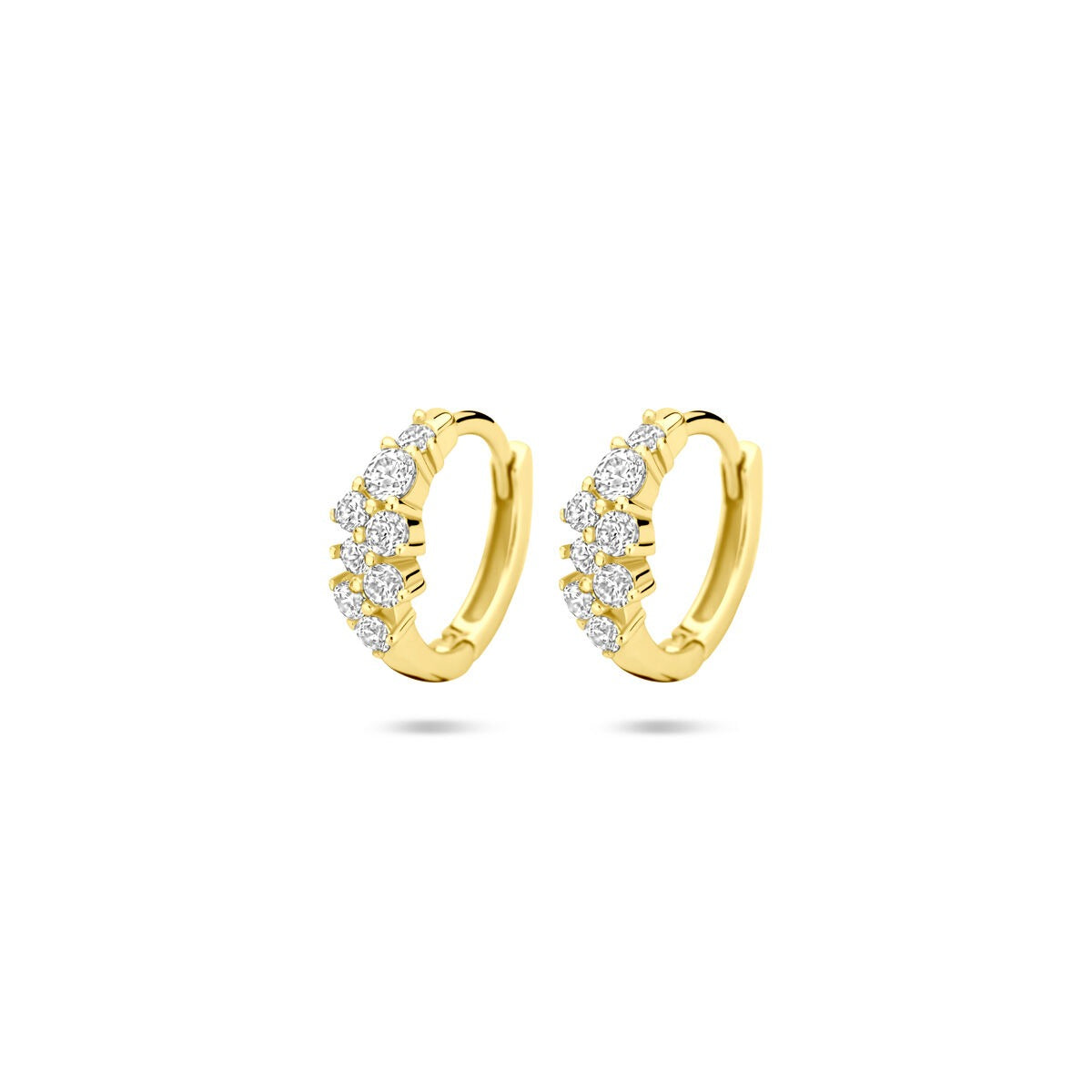 Vergoldete Silberklappohrringe mit Zirkonia, Ø 13 mm, in geschwungener Form