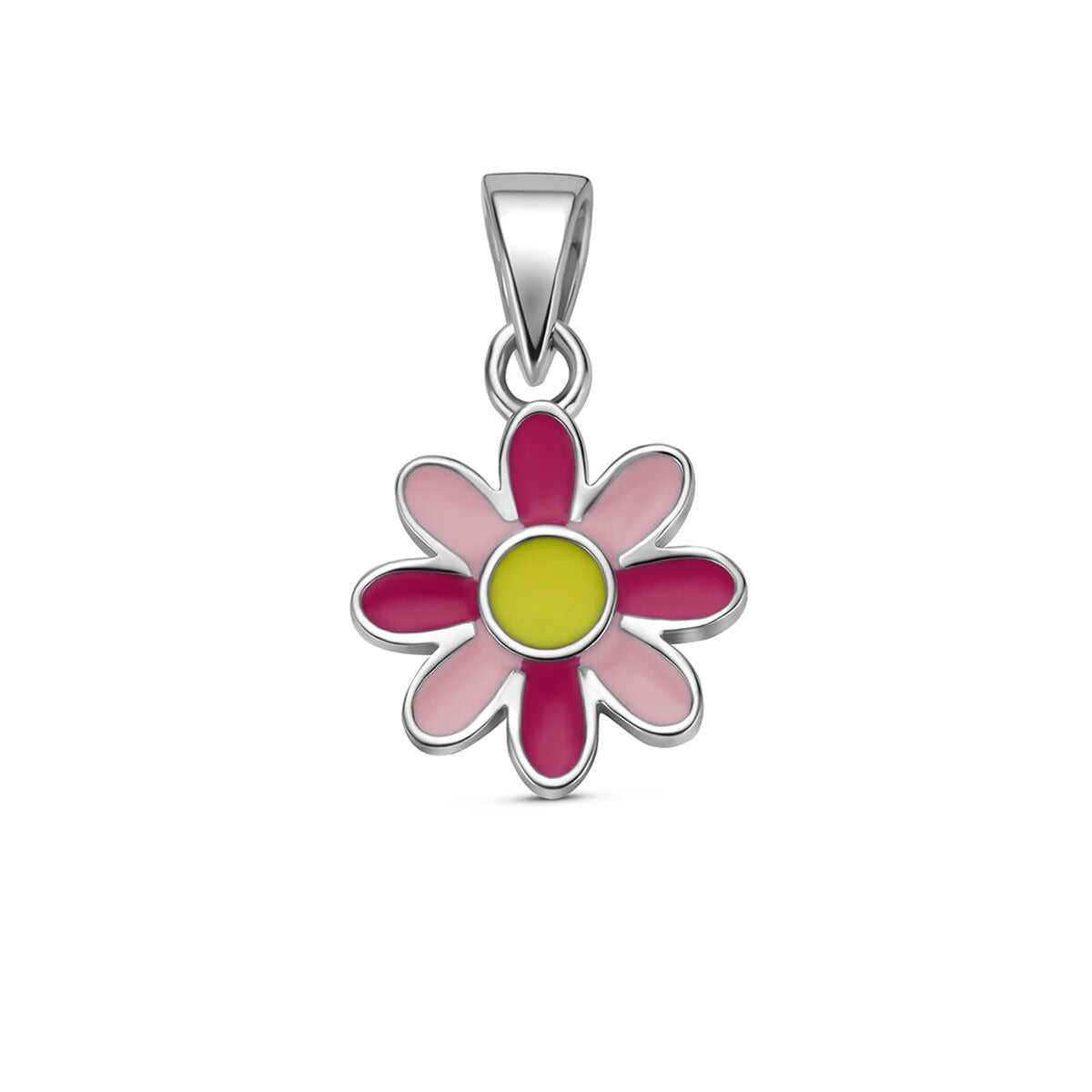 Blumenanhänger aus rhodiniertem 925 Silber mit pinken und gelben Emaille-Details
