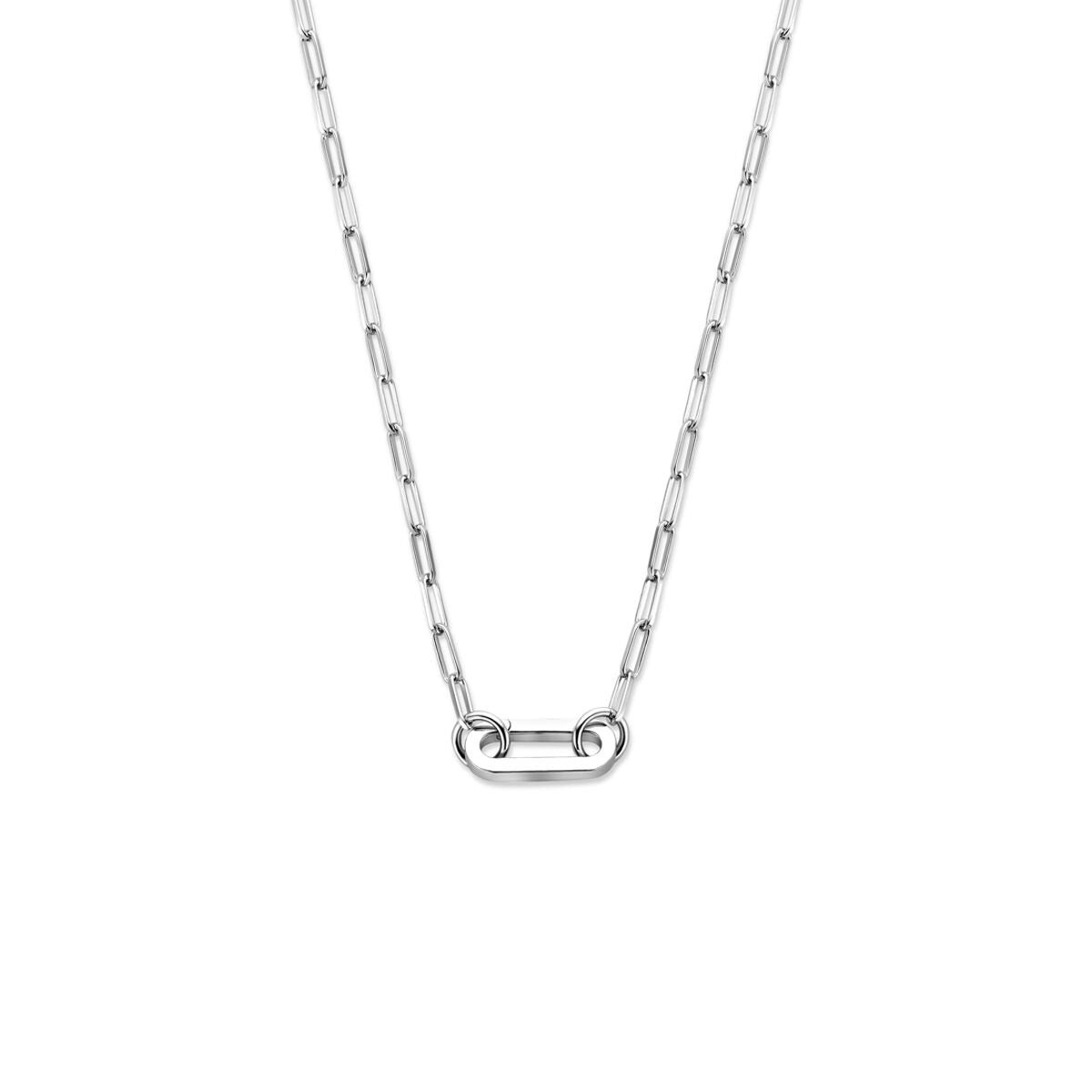 Zarte Kette aus rhodiniertem 925 Silber mit Paperclip-Design und einer zentralen Verbindung.