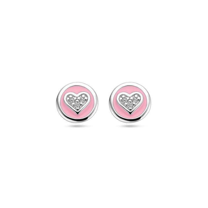 Ohrstecker Herz aus Zirkonia und rosa Emaille, Silber rhodiniert