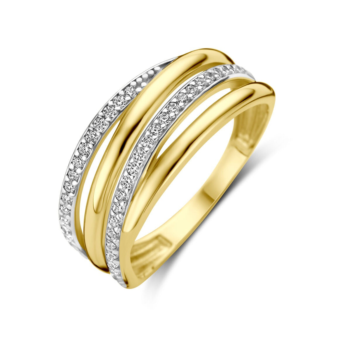 Damenring aus 9k gelbgold mit funkelnden Zirkonia und geschwungenem Design