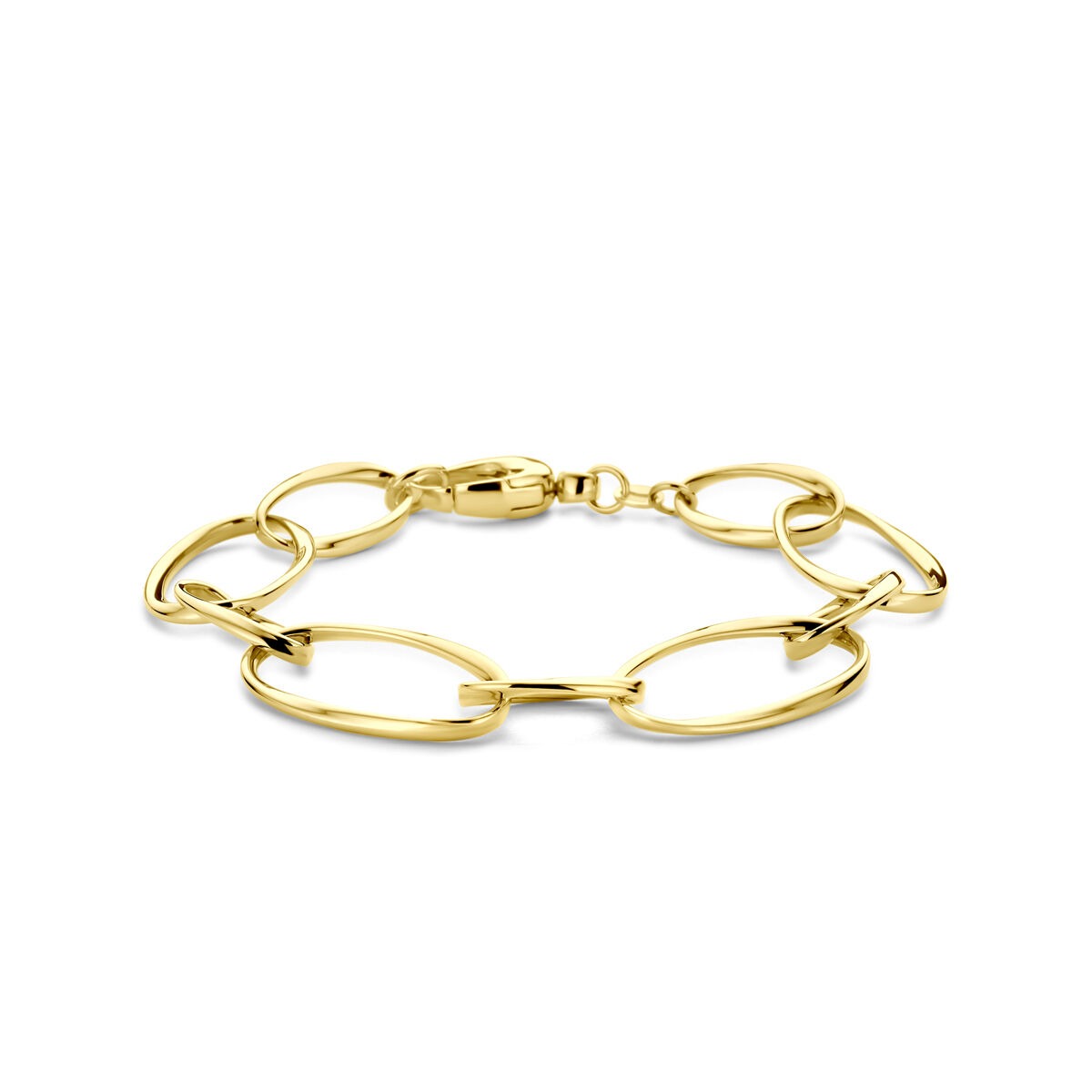 Goldenes 14k Armband mit runden Gliedern, 15 mm breit, glänzende Oberfläche und Karabinerverschluss