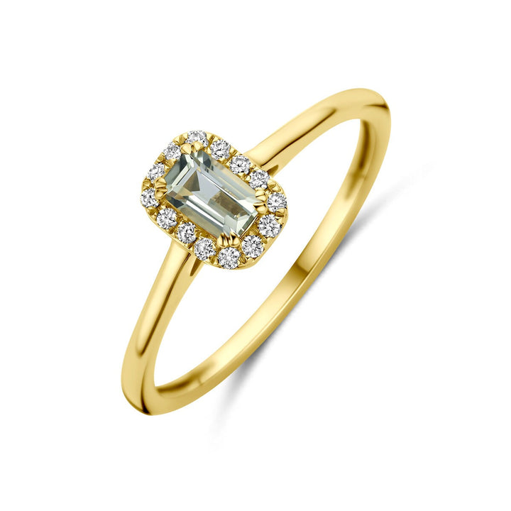14k Geelgouden entourage ring met groene amethist en lab grown diamant