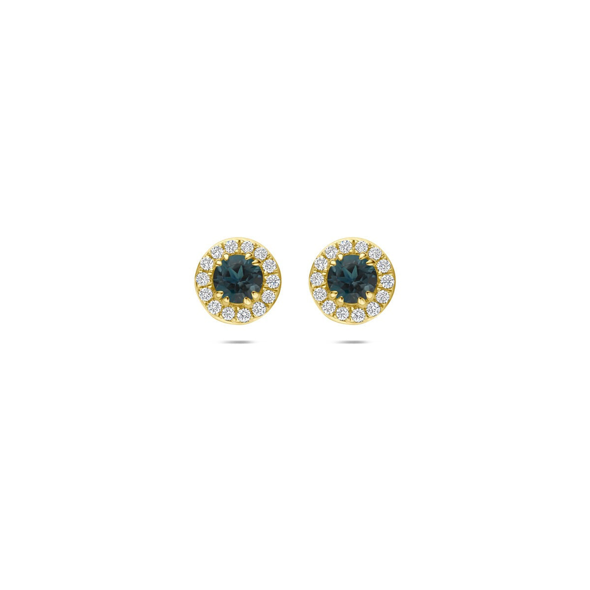14k gelbgoldene Ohrstecker mit London blue Topas und lab-grown Diamanten im kreisförmigen Design