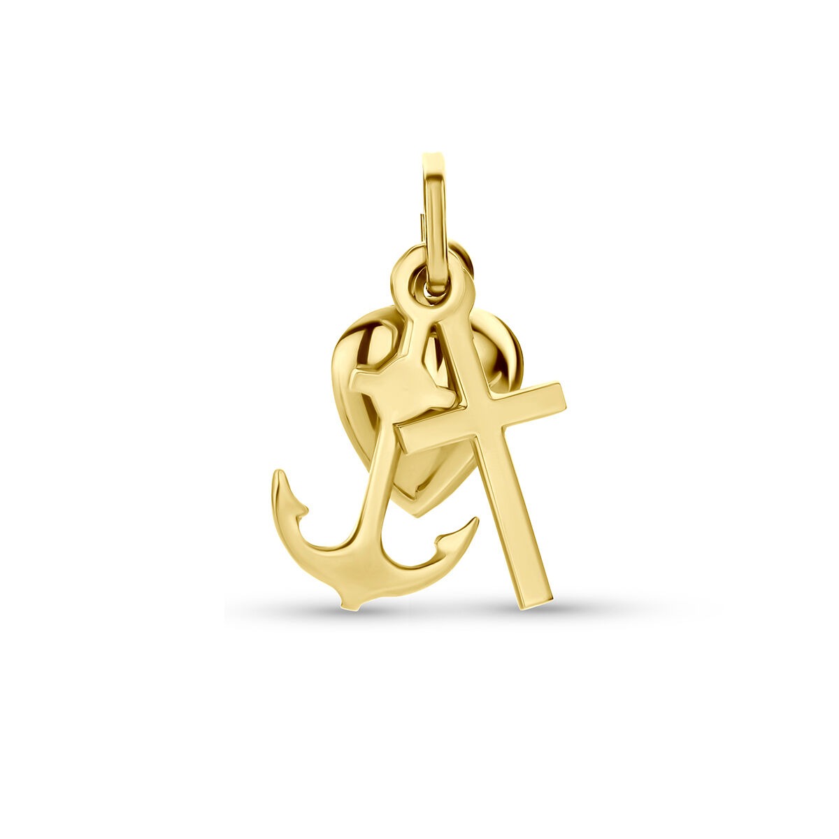 Hänger aus 9 Karat Gelbgold mit Herz, Anker und Kreuz als Symbole für Glauben, Hoffnung und Liebe