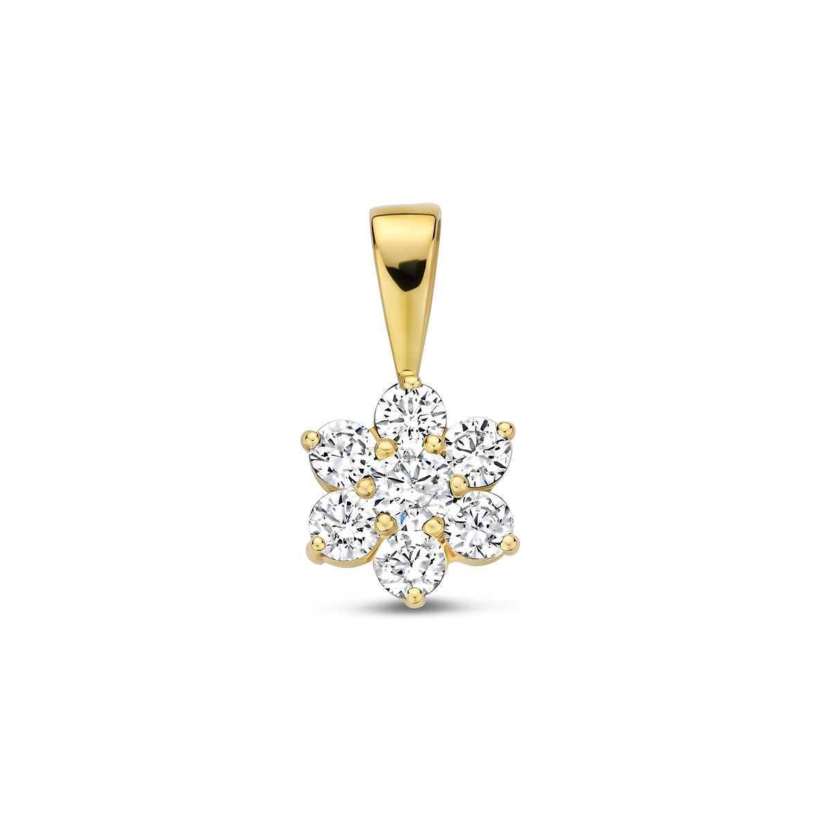 Goldener Anhänger mit Zirkonia in Blumenform, 14k, mit sechs funkelnden Steinen