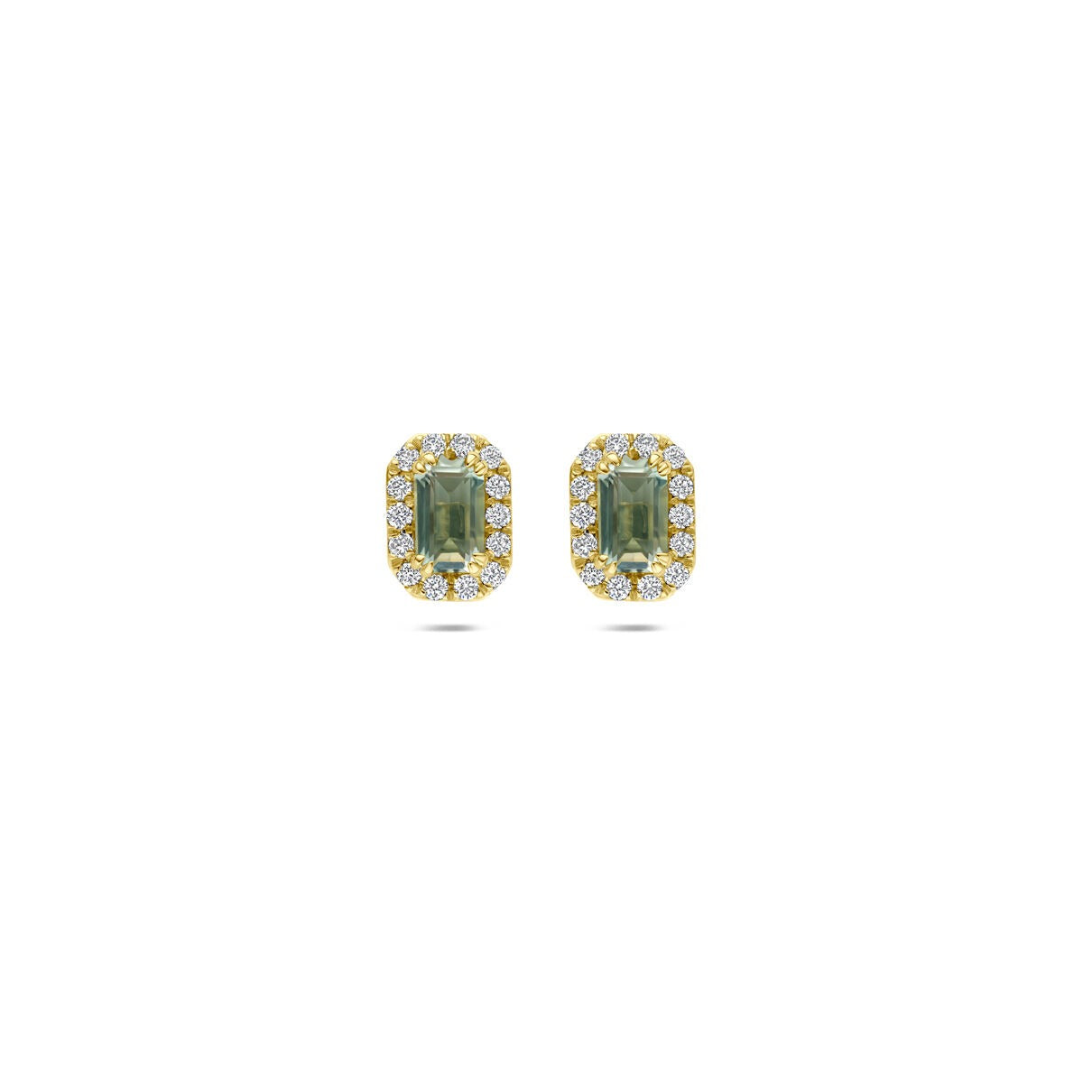 Ohrstecker aus 14k Gelbgold mit grünem Amethyst und lab-grown Diamanten, rechteckige Form