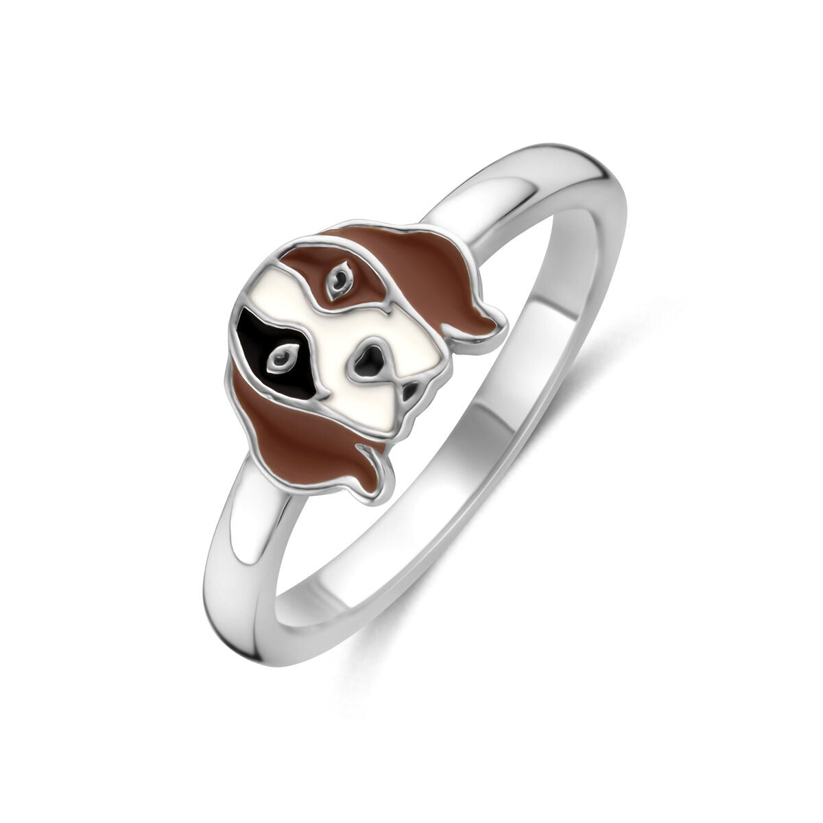 Ring aus rhodiniertem 925 Silber mit Hundemotiv in braun und weiß