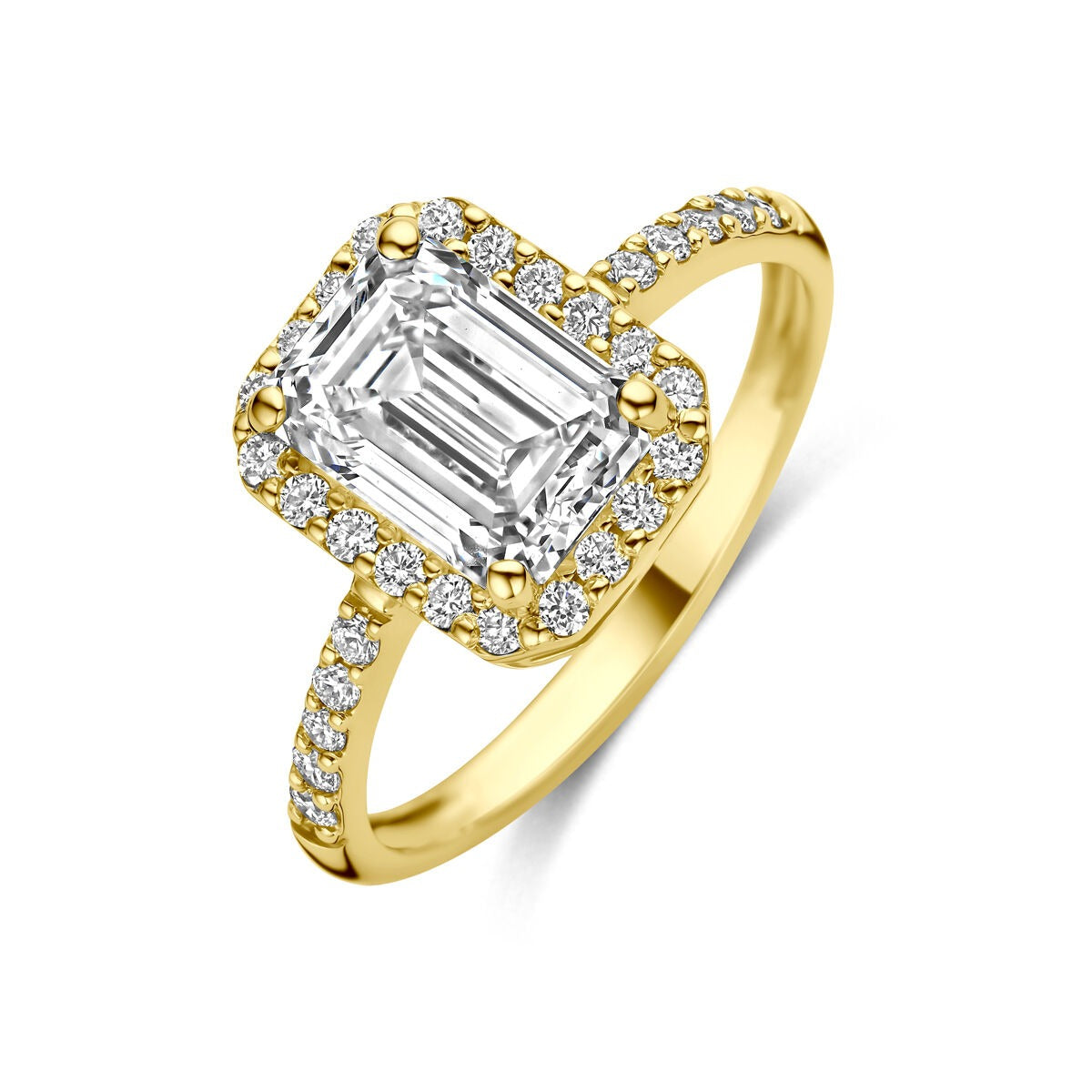 Ring aus 14k Gelbgold mit lab-grown Diamant und kleinen weißen Steinen um den Hauptstein