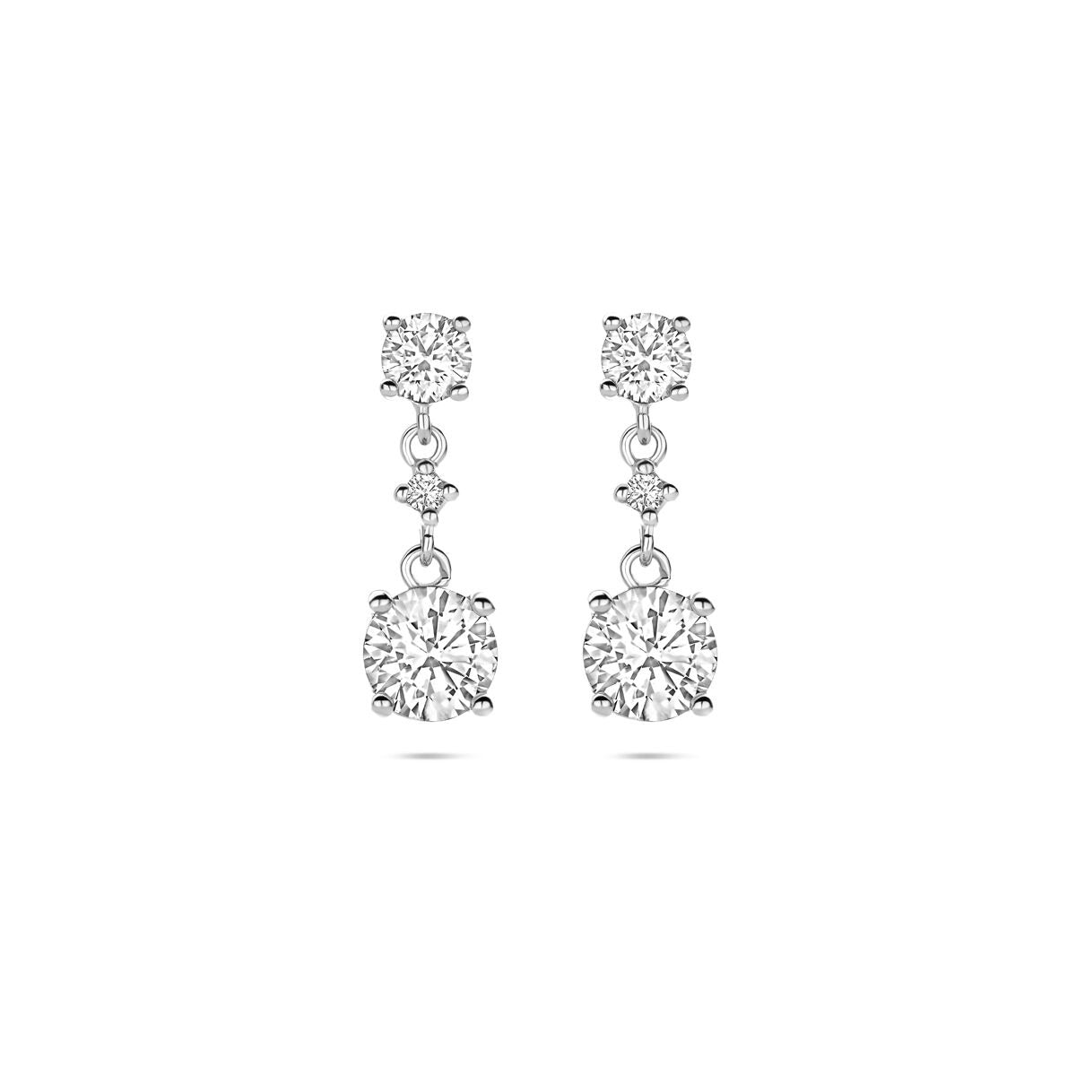 Silberne Ohrhänger mit Zirkonia, gerhodiniert, 18 mm lang, mit funkelnden Steinen.