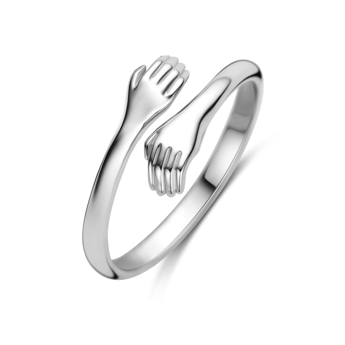 Ring aus rhodiniertem 925 Silber mit zwei Händen, die sich umarmen
