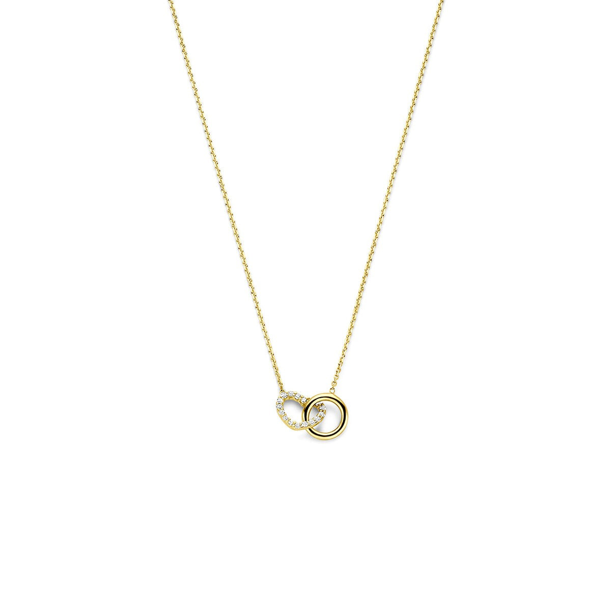Goldenes 14k Collier mit Herz und Zirkonia, feine Kette mit zwei kreisförmigen Anhängern
