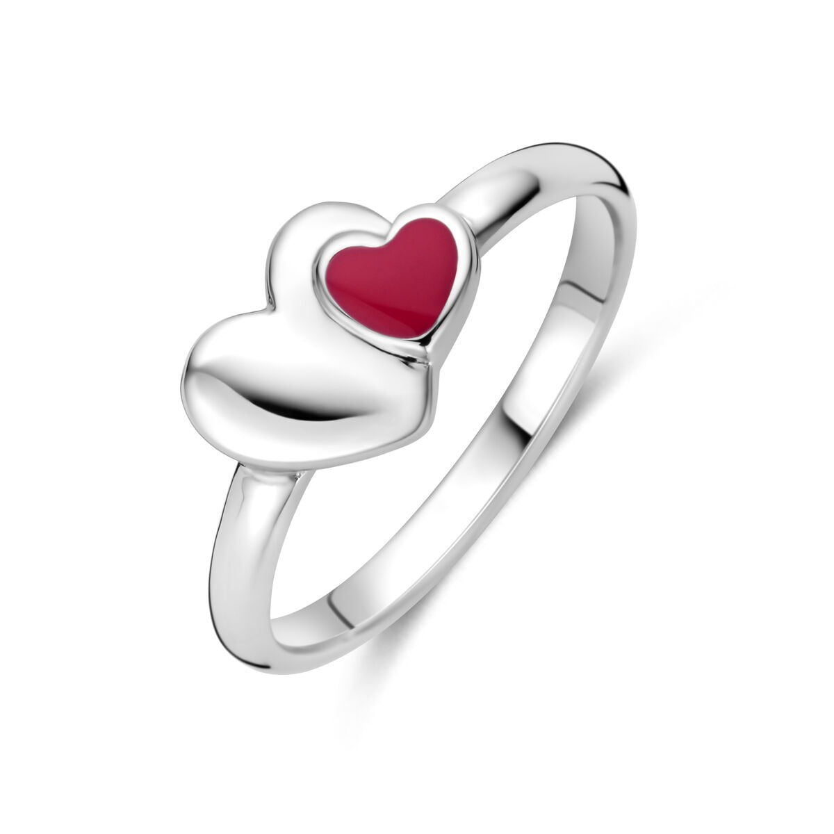 Ring aus rhodiniertem 925 Silber mit zwei Herzen, eines in glänzendem Silber und das andere in rot.