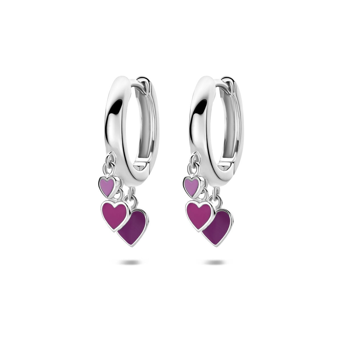 Gerhodinierte Klapp-Ohrringe aus 925 Silber mit lila und pinken Emaille-Herzen