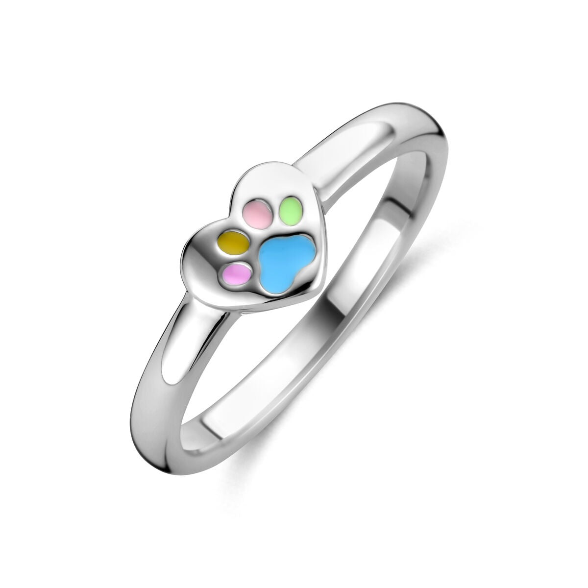 Ring aus rhodiniertem 925 Silber in Herzform mit bunten Hundepfoten und glatter Oberfläche