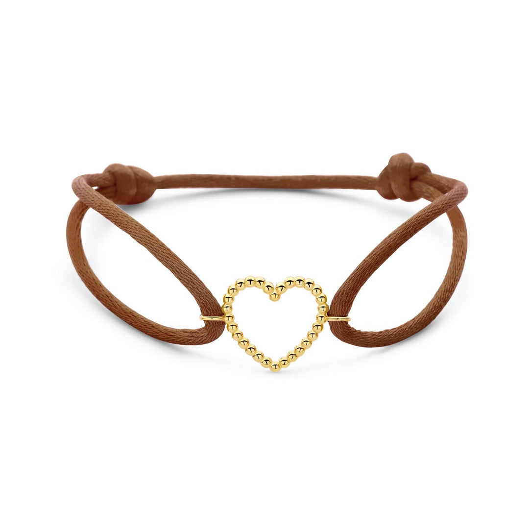 Bruin satijnen armband met 14k gouden hartje