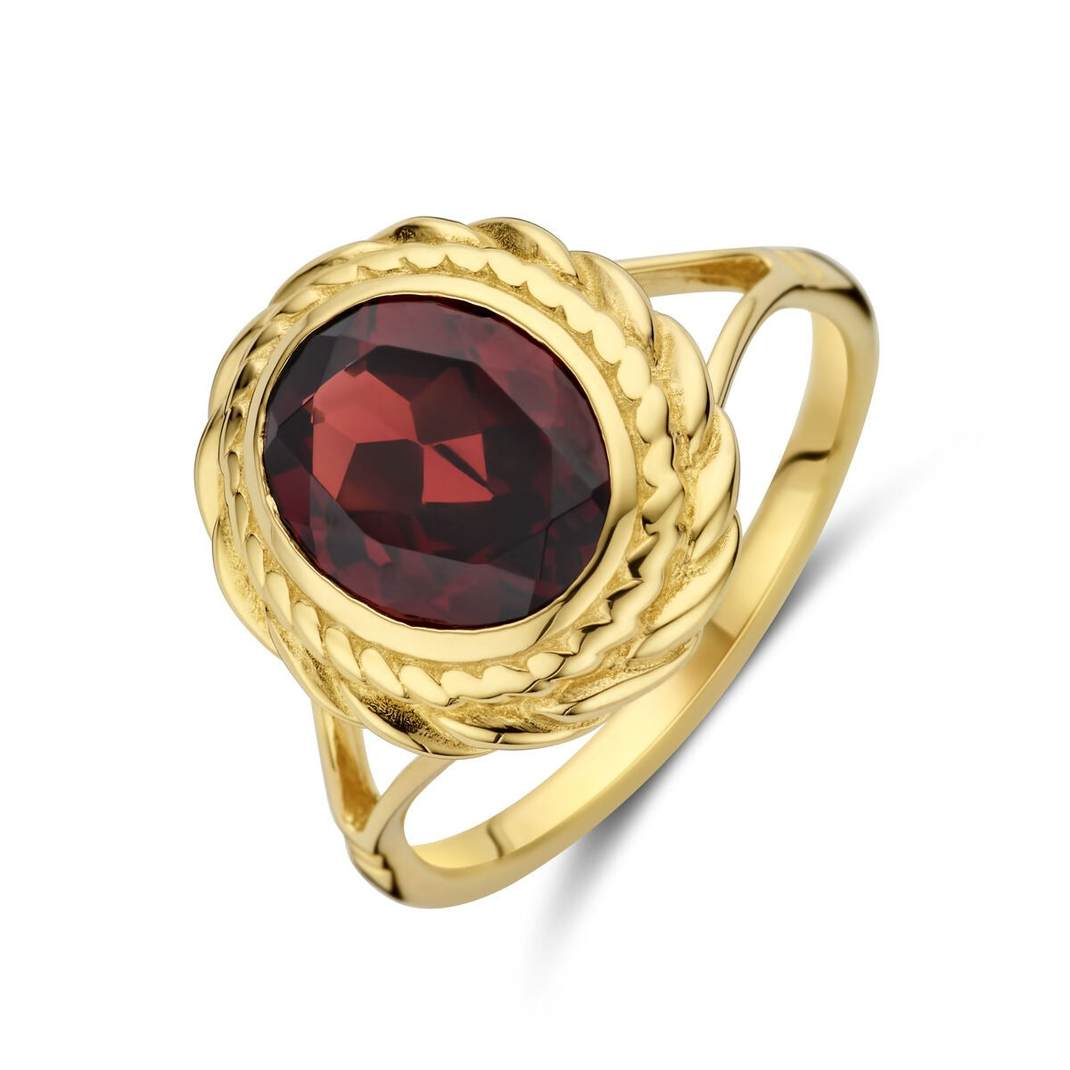 Ring aus 14k Gold mit ovalem Granat und geflochtenem Design