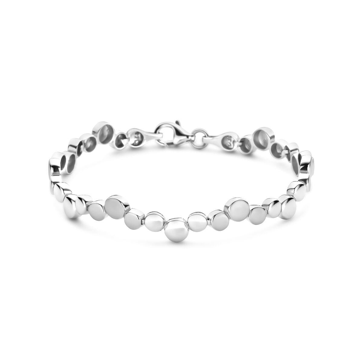 Silberne Damen-Schlüsselarmband mit Karabinerverschluss und runden, glänzenden Elementen, 19 cm lang