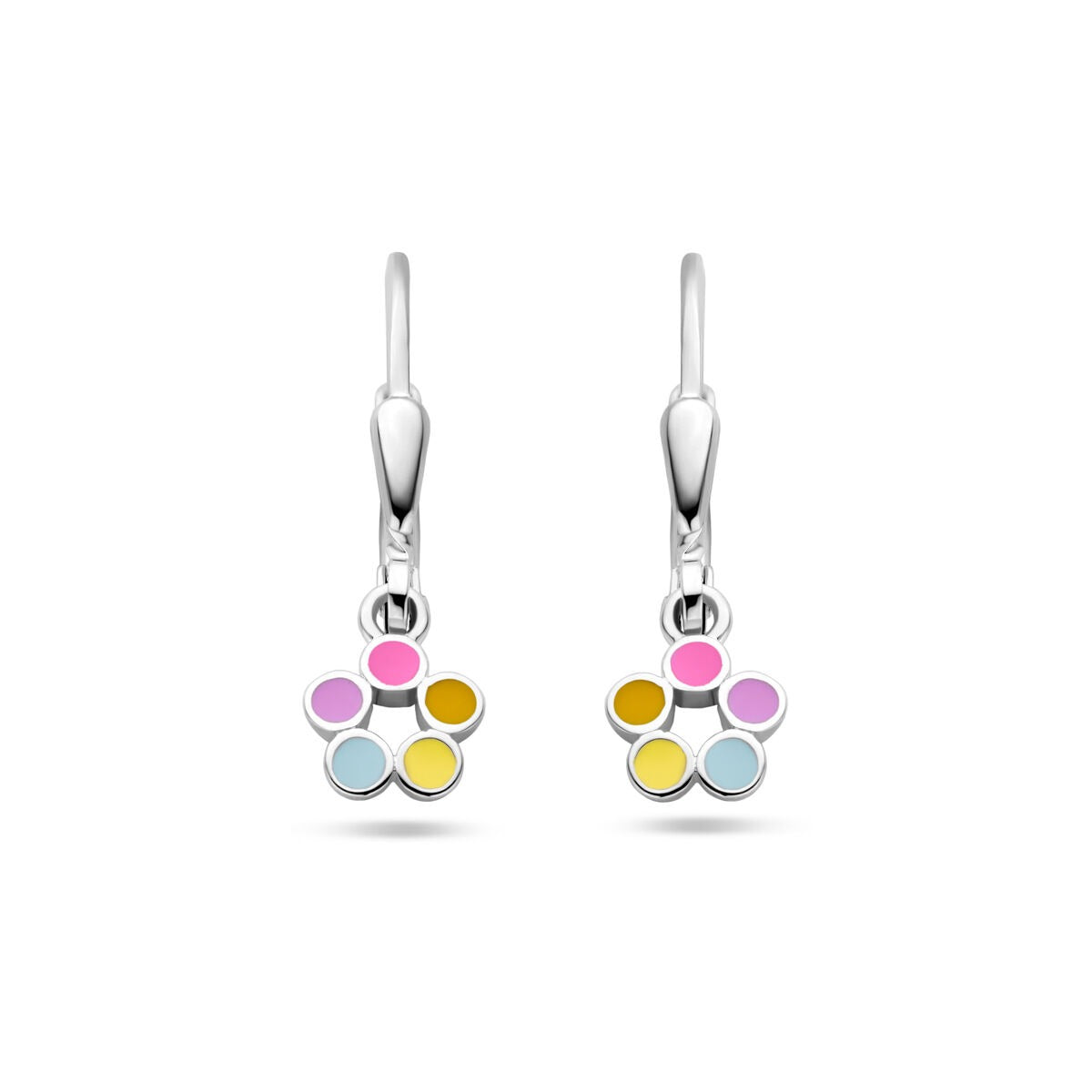 Gerhodinierte Silberne Ohrringe in Blumenform mit buntem Emaille in Pink, Gelb und Blau
