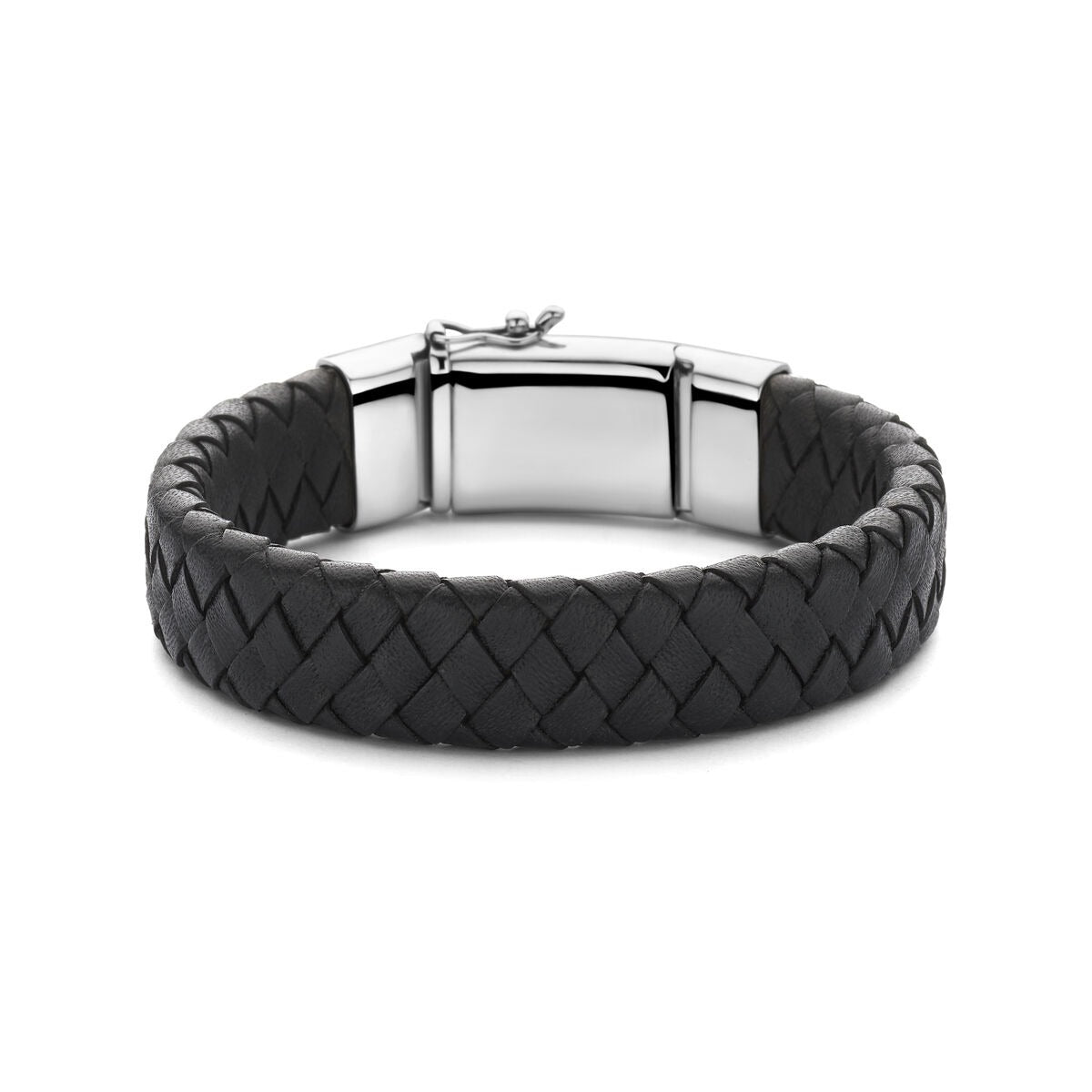 Schwarzes, geflochtenes Lederarmband mit rhodiniertem Silberverschluss, 21 cm lang