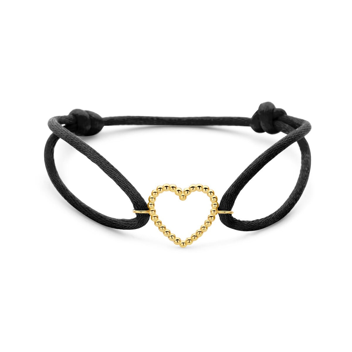 Schwarzes Satinarmband mit 14k goldenem Herzanhänger