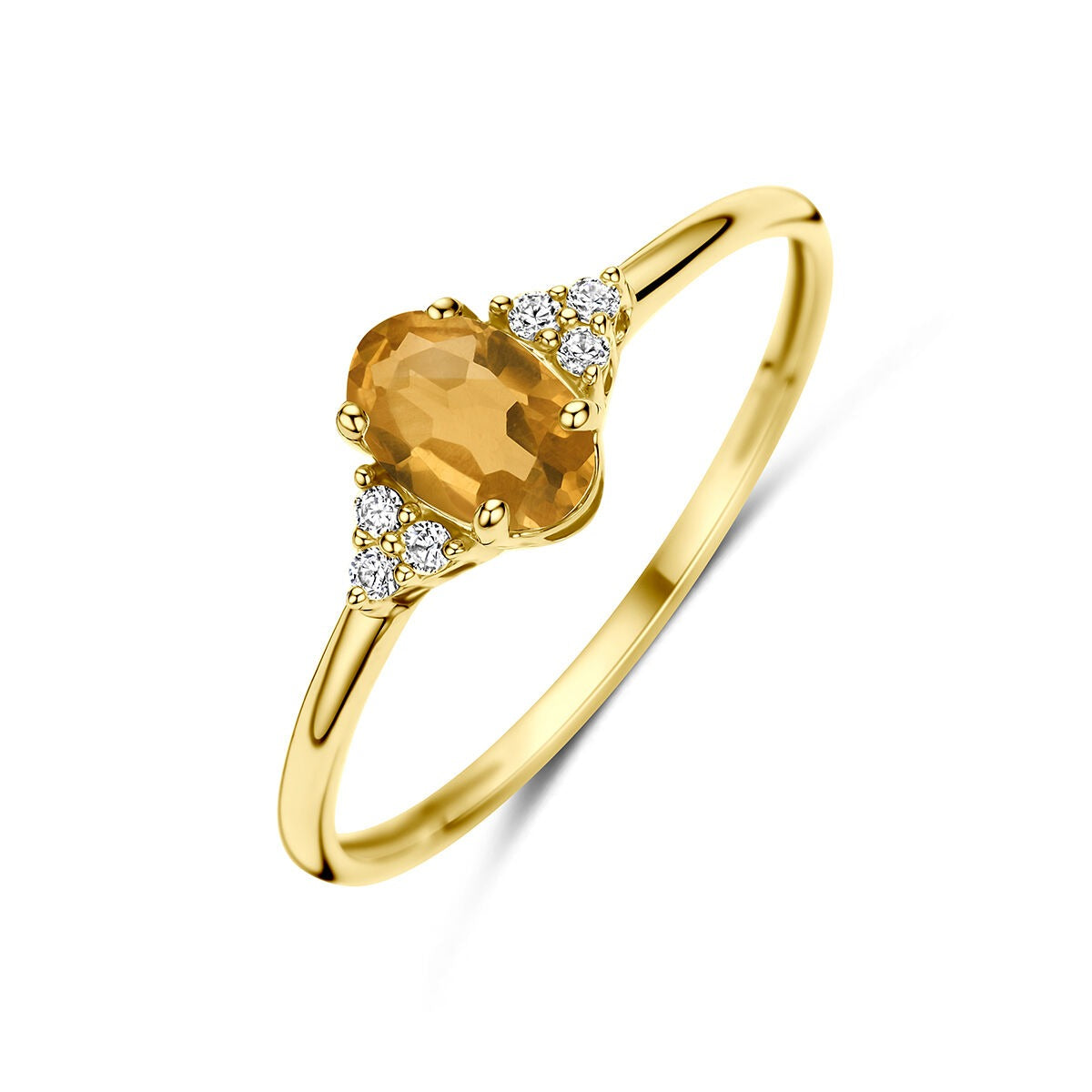 Ring aus 14k Gelbgold mit ovalem Citrin und Zirkonia-Steinen an den Seiten