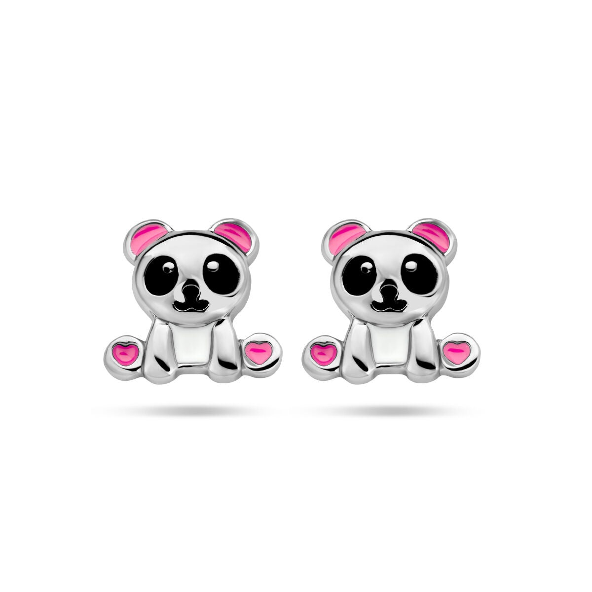 Zwei gerhodinierte Ohrringe in Form von Pandas mit schwarzem und pinkem Emaille.