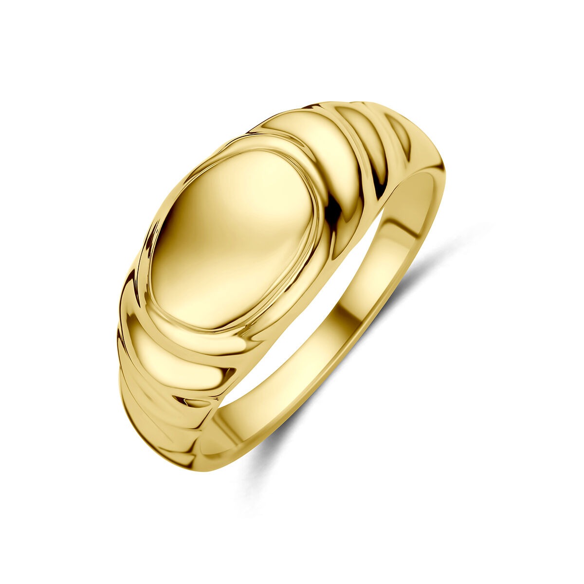Gravur-Ring aus 14 Karat Gelbgold mit glatter, ovaler Fläche und geschwungenem Design