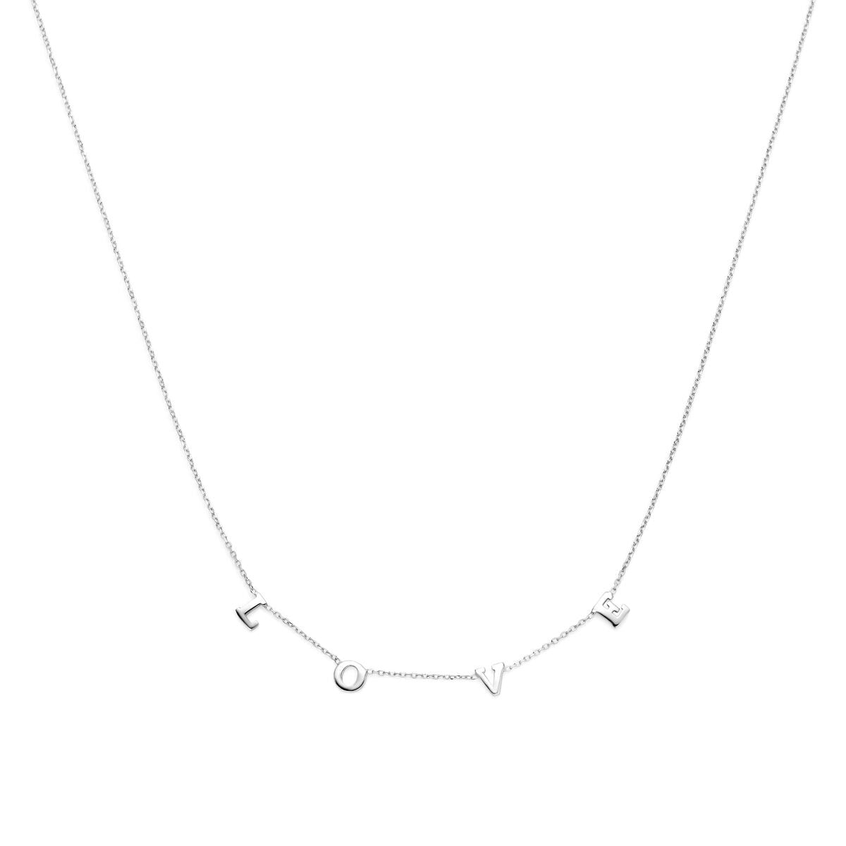 Zartes, rhodiniertes Collier aus 925 Silber mit dem Schriftzug 'love' in verspielter Schrift.