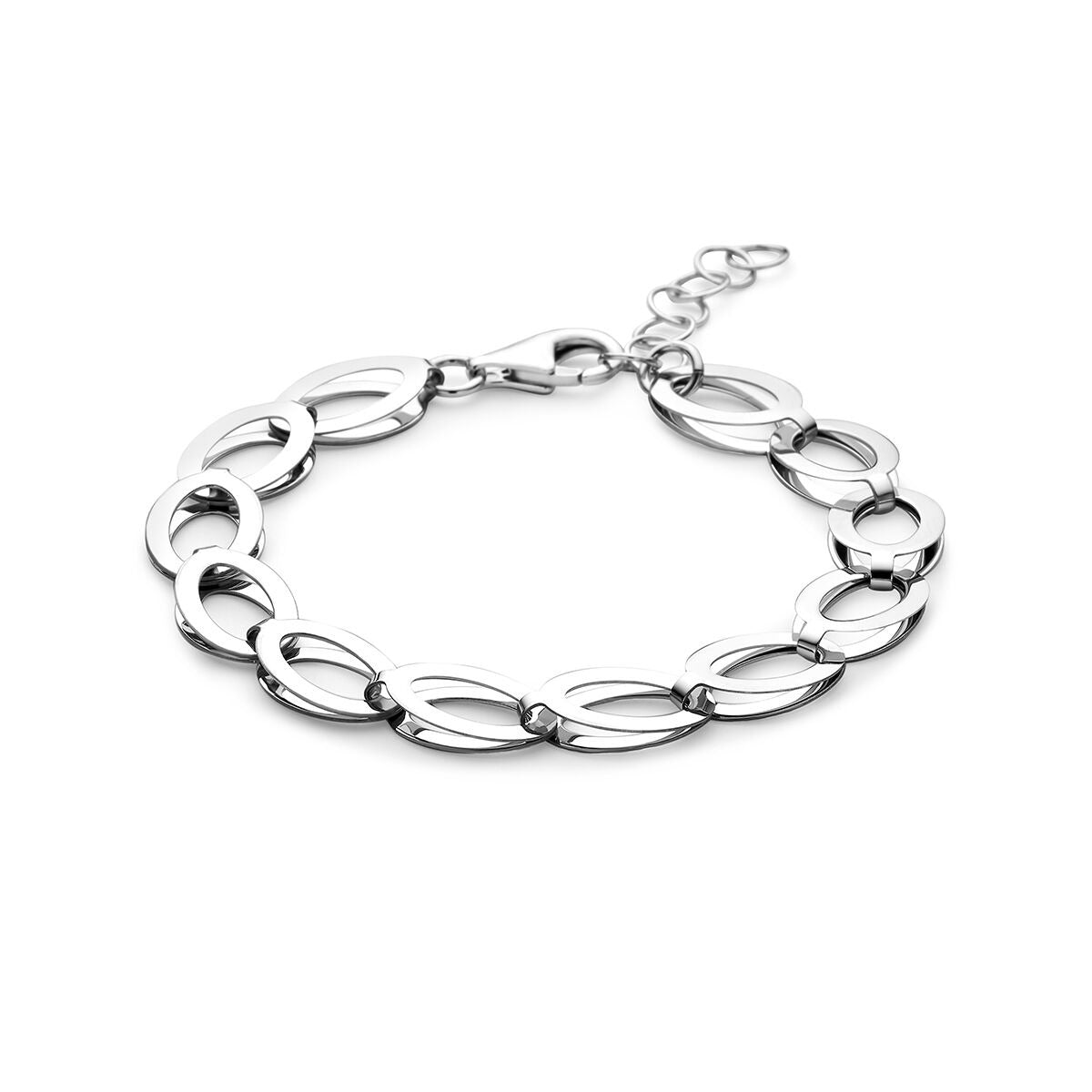 Schlichte, gerhodineerde 925 Silber Schakelarmband mit ovalen Gliedern und Karabinerverschluss