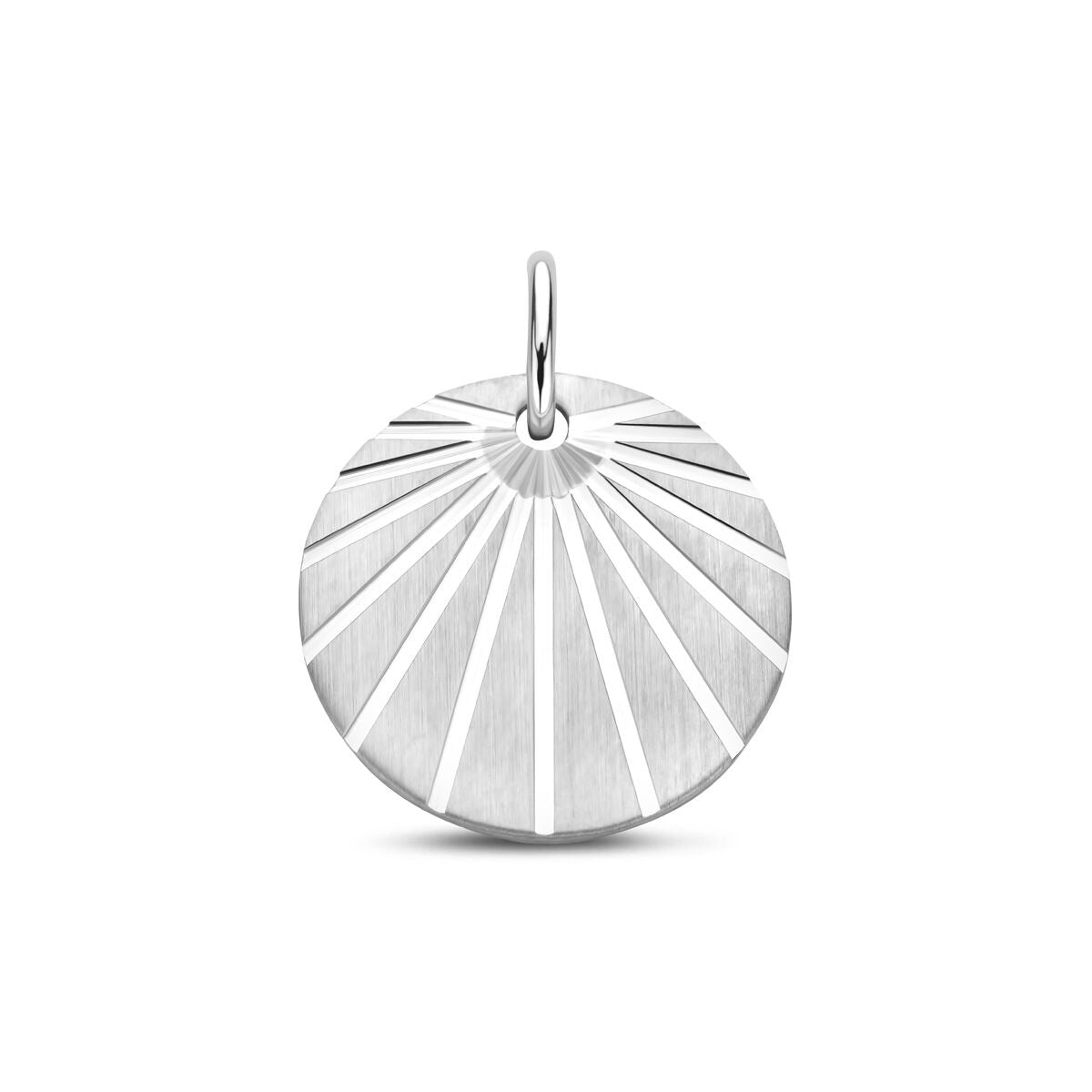 Runder Hänger aus 925er Silber, gerhodiniert, mit strahlenförmiger Struktur und einem Durchmesser von 17 mm