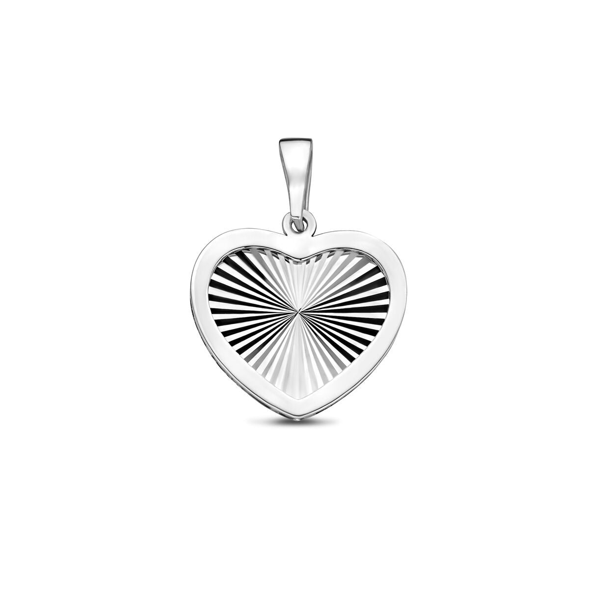 Hänger aus rhodiniertem 925 Silber in Herzform mit strahlenförmigem Muster, Durchmesser 18 mm