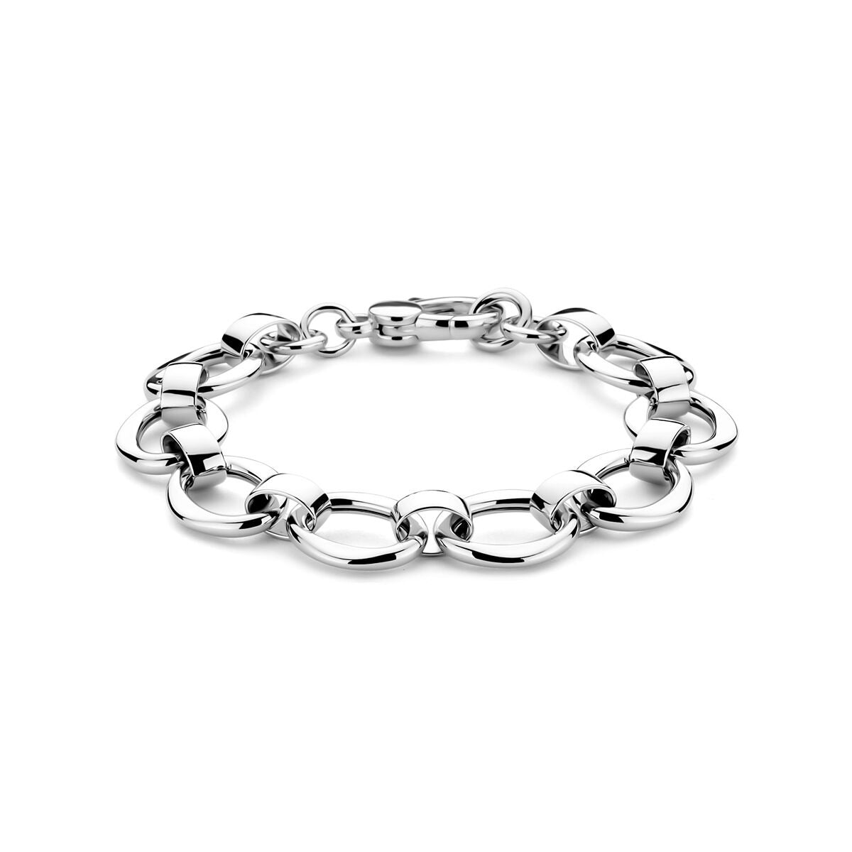 Breite Silberarmband mit Karabinerverschluss und ovalen Gliedern, 19 cm lang und 13,5 mm breit