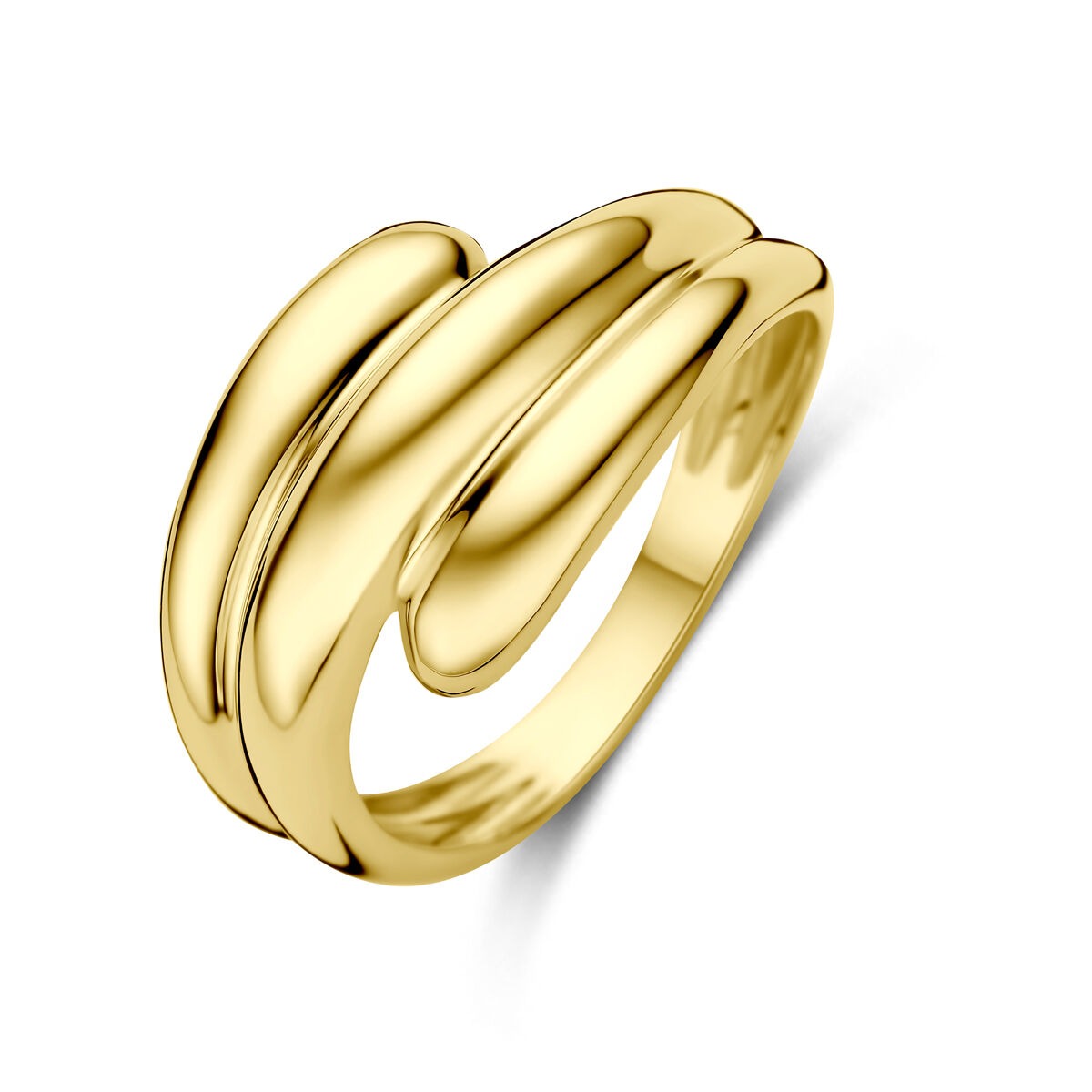 Damenring aus 14 Karat Gelbgold mit geschwungenem Design und glänzender Oberfläche