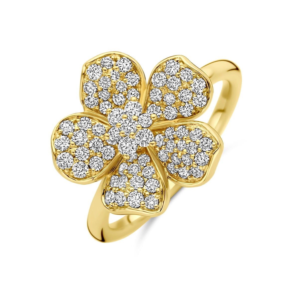 Blumenring aus 14k Gelbgold mit Diamanten, blütenförmige Fassung und funkelnden Steinen
