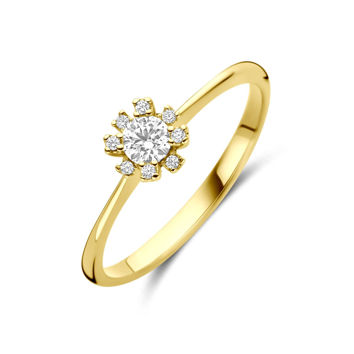 Damenring aus 14k Gelbgold mit Zirkonia in Blumenform und feiner Fassung