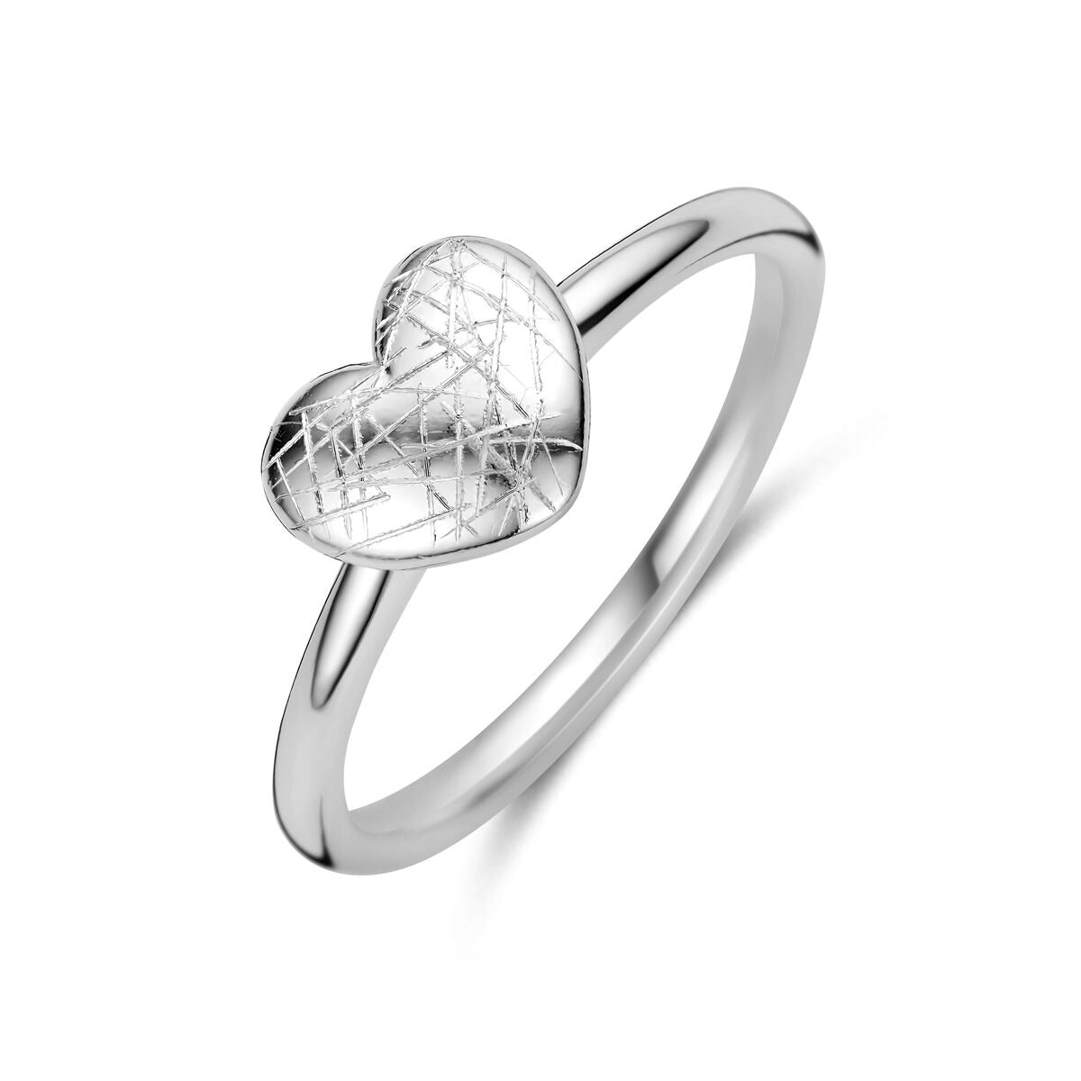 Ring aus rhodiniertem 925 Silber mit herzförmigem, strukturiertem Element